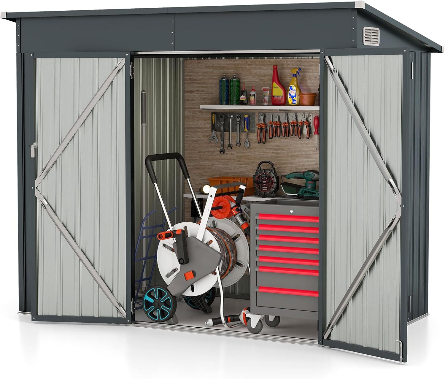 Metalowa Szopa Ogrodowa z Ocynkowanej Stali z Drzwiami Frontowymi i Bocznymi, Szopa Ogrodowa na Narzędzia z Dachem Spadzistym, 235 x 117 x 185 cm