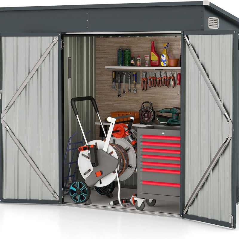 Metalowa Szopa Ogrodowa z Ocynkowanej Stali z Drzwiami Frontowymi i Bocznymi, Szopa Ogrodowa na Narzędzia z Dachem Spadzistym, 235 x 117 x 185 cm