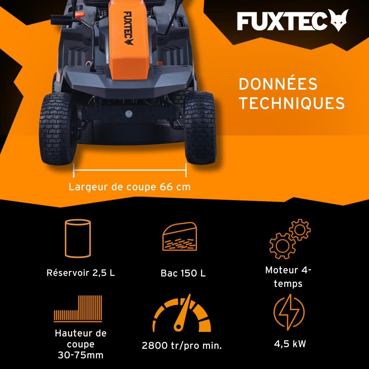 Tondeuse à gazon autoportée FUXTEC FX-RMR66 – Tracteur de pelouse 6 CV – Largeur de coupe 66 cm – Bac 150 L – Hauteur de coupe réglable - 3