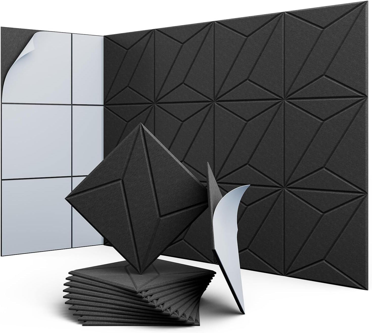 Zestaw 12 samoprzylepnych paneli akustycznych, wyściółka dźwiękochłonna z poliestru, panele ścienne o wysokiej gęstości, 30 x 30 x 1 cm, czarne