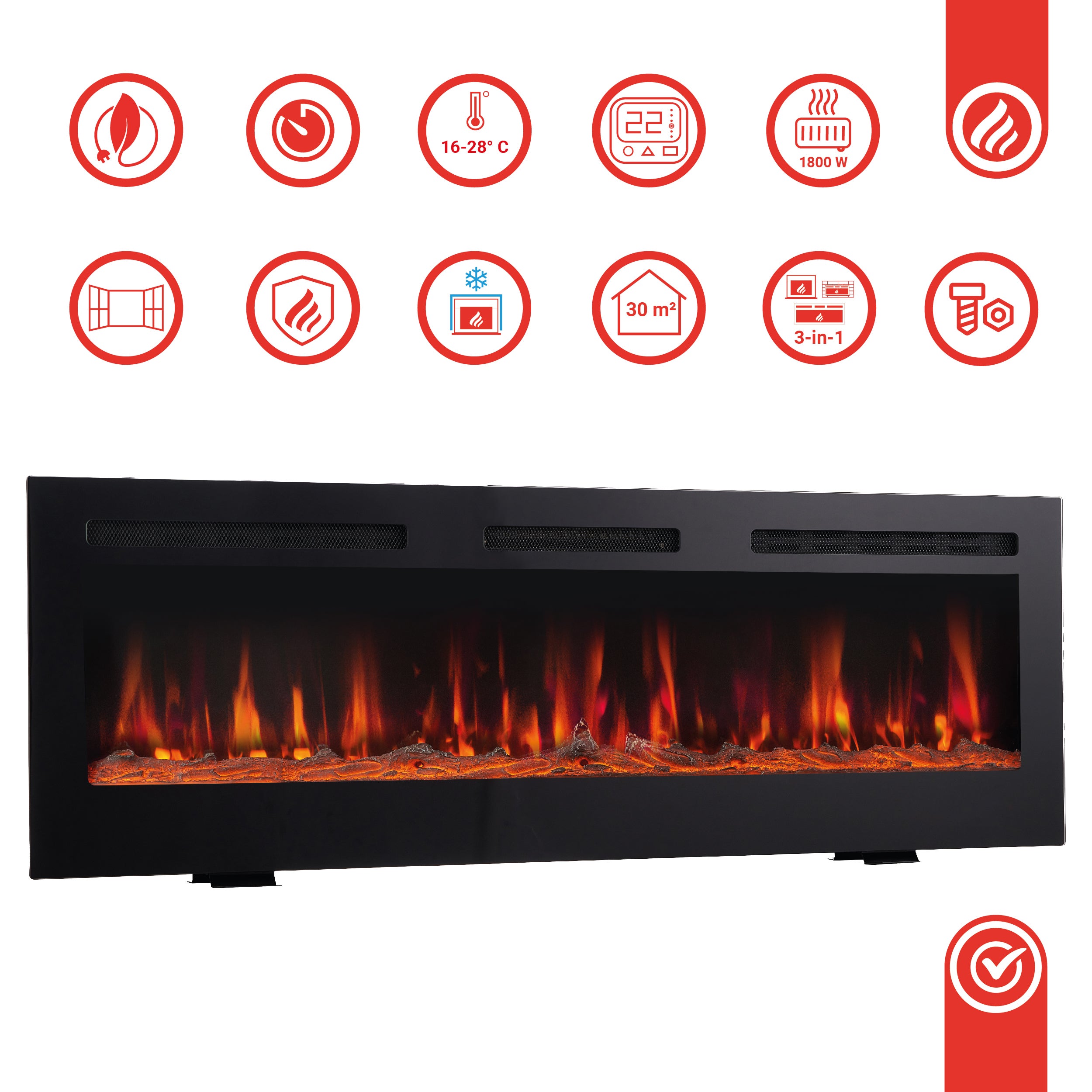 KAMINIO Cheminée Électrique MARLON - Cheminée 3-en-1 avec Chauffage, Effet de flamme 3D, 12 Couleurs de flammes, Télécommande - 36