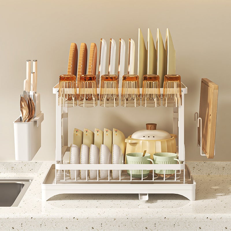 Biały, dwuwarstwowy ociekacz do naczyń 46,8 x 26,7 x 42 cm, wielofunkcyjny stojak do przechowywania z uchwytem na kubki i pałeczki, 1 sztuka