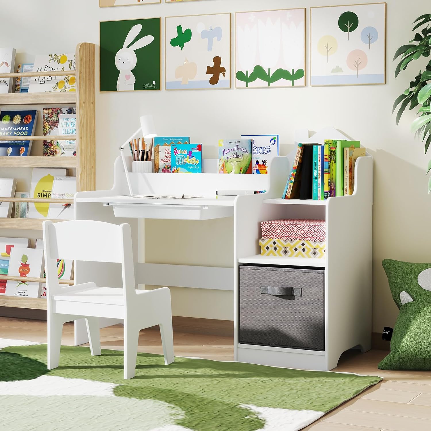 Bureau Enfant En Bois Avec Chaise Ergonomique - Table D'Étude Et Activités Avec Tiroir Et Étagères (Naturel)