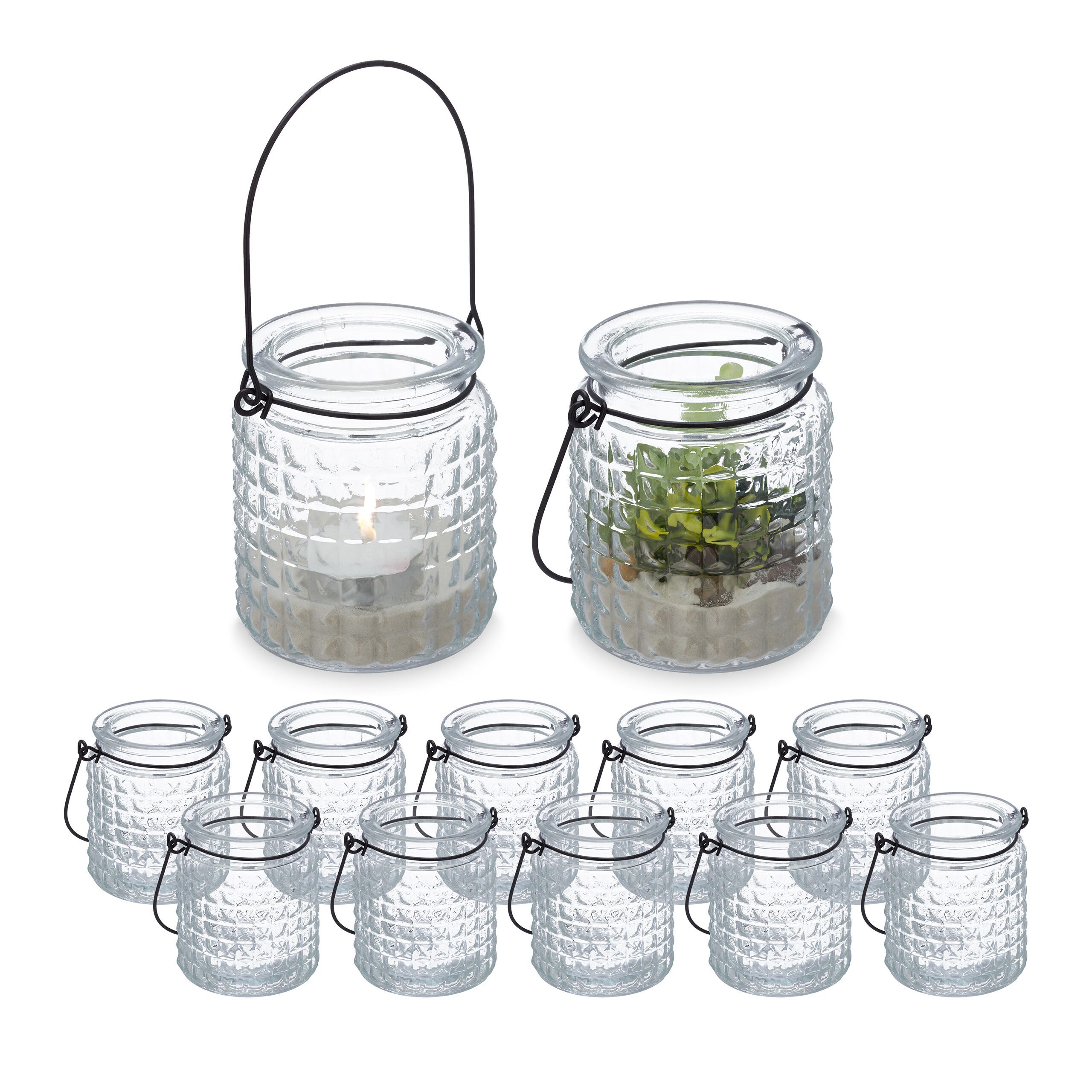 Relaxdays Portacandele In Vetro Con Manico - Set Di 12 Lanterne Per Interni Ed Esterni - Foto 2