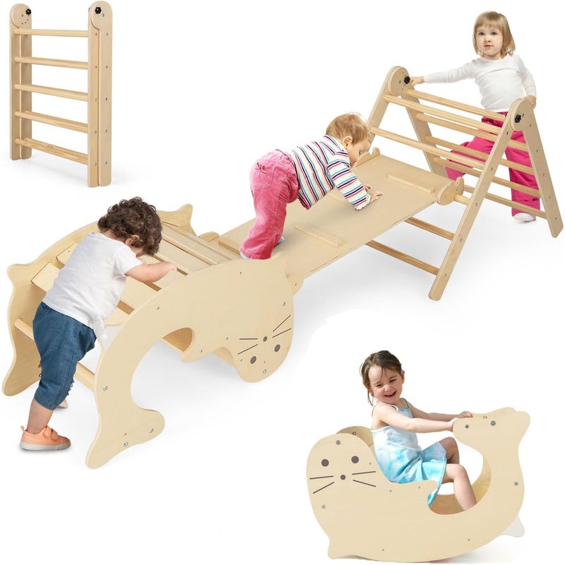 6 w 1 Zjeżdżalnia – Trójkąt do Wspinaczki Montesorri z Drabinką, Huśtawką w Kształcie Morskiego Lwa, dla Dzieci w Wieku 3-14 Lat i o Wadze do 60 kg