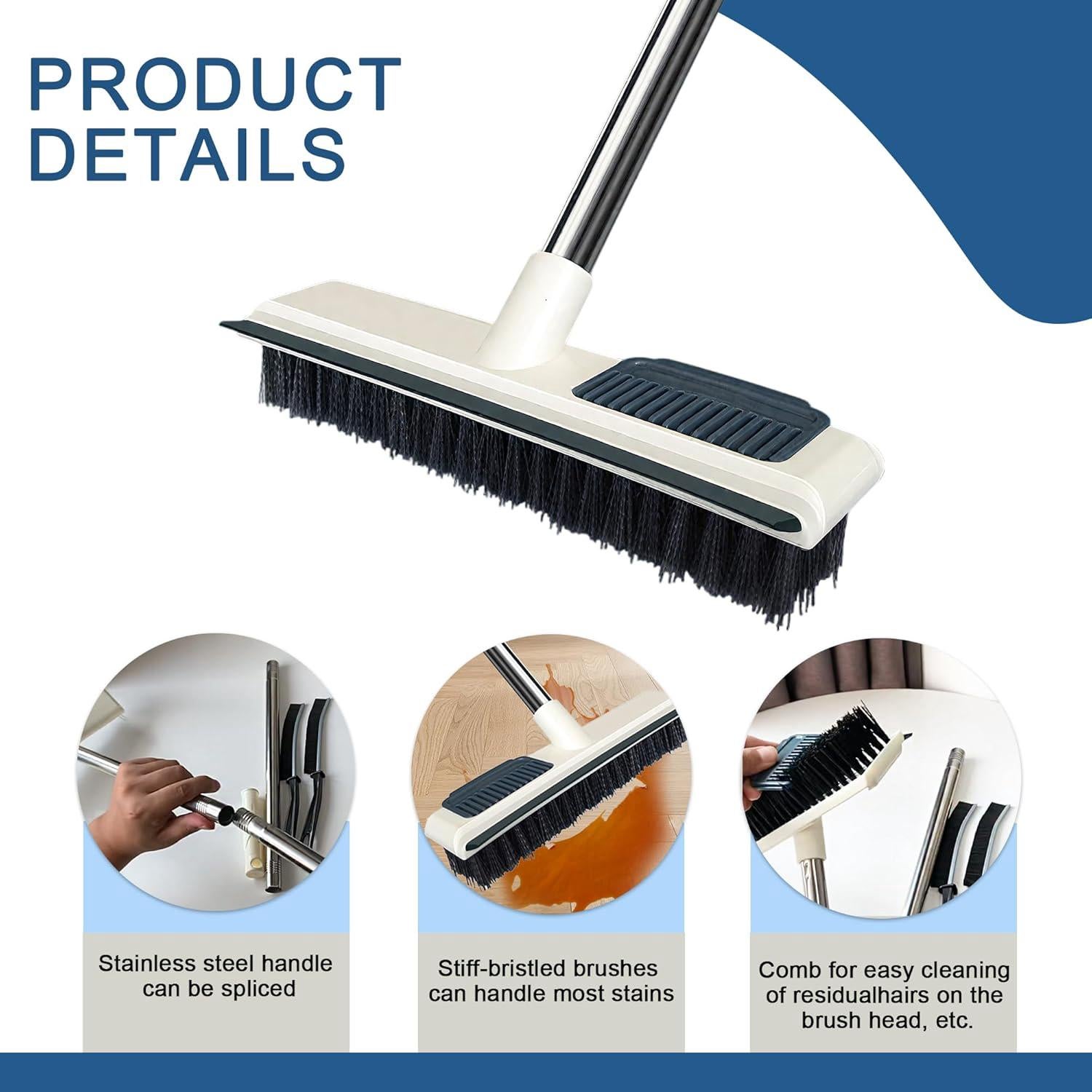 Brosse à récurer pour sol avec long manche et raclette intégrée, brosse 2 en 1 – Mât en acier réglable de 108 cm pour salle de bain, terrasse - 4