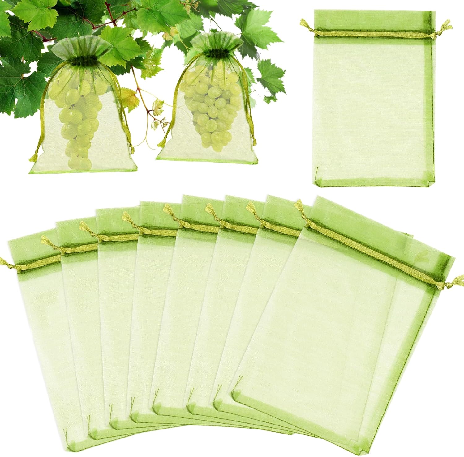 Zestaw 100 dużych torebek prezentowych z organzy w kolorze szałwiowej zieleni, 17 x 23 cm, do ochrony owoców i roślin ogrodowych.