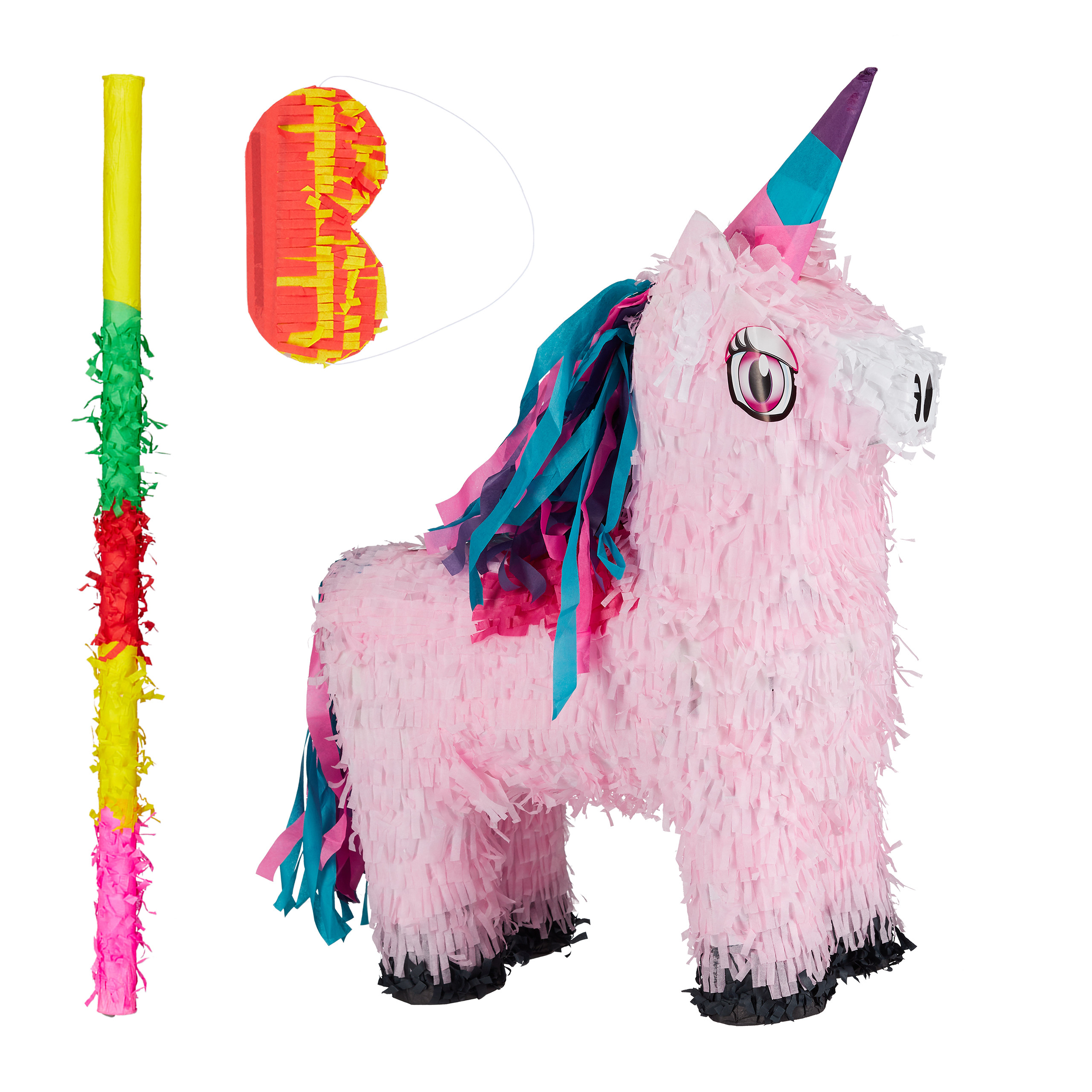 Relaxdays set de piñata unicornio, palo y antifaz sin relleno, papel, rosa, 54 x 40 x 13 cm