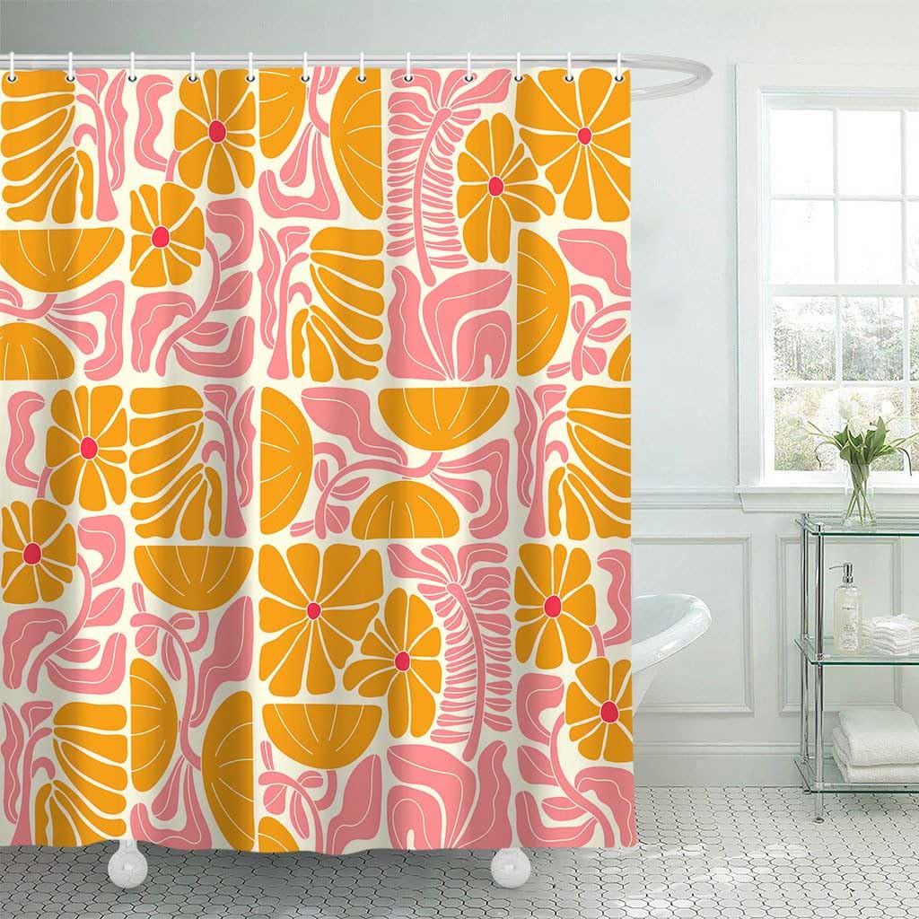 Tenda Doccia Floreale Bohémien 180x180 Cm - Tessuto Impermeabile Con Stampa Foglie Tropicali E Ganci
