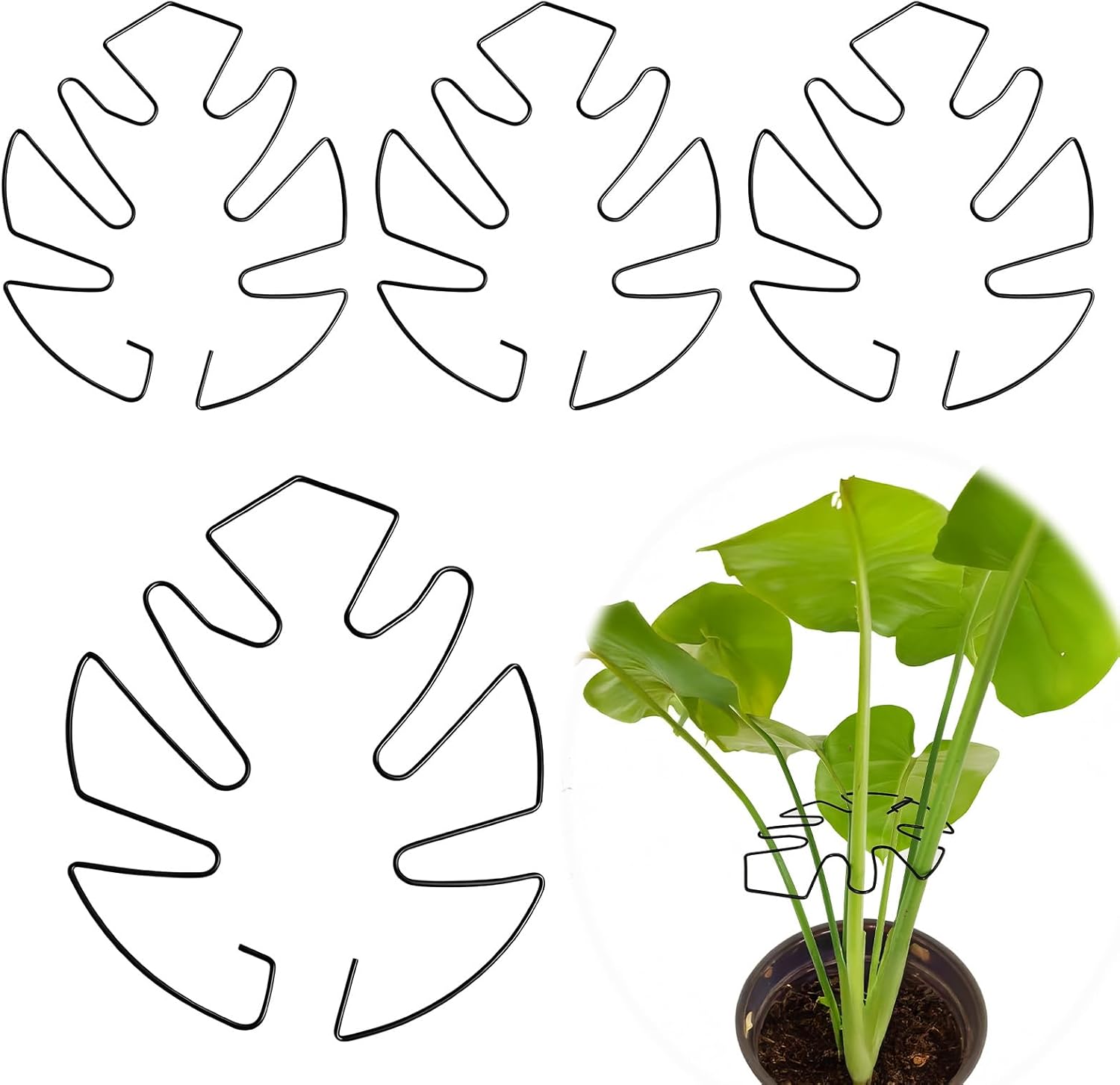 Zestaw 4 podpórek do roślin pnących Monstera, metalowe paliki z wzorem liści, 14 cm x 16 cm (czarne)