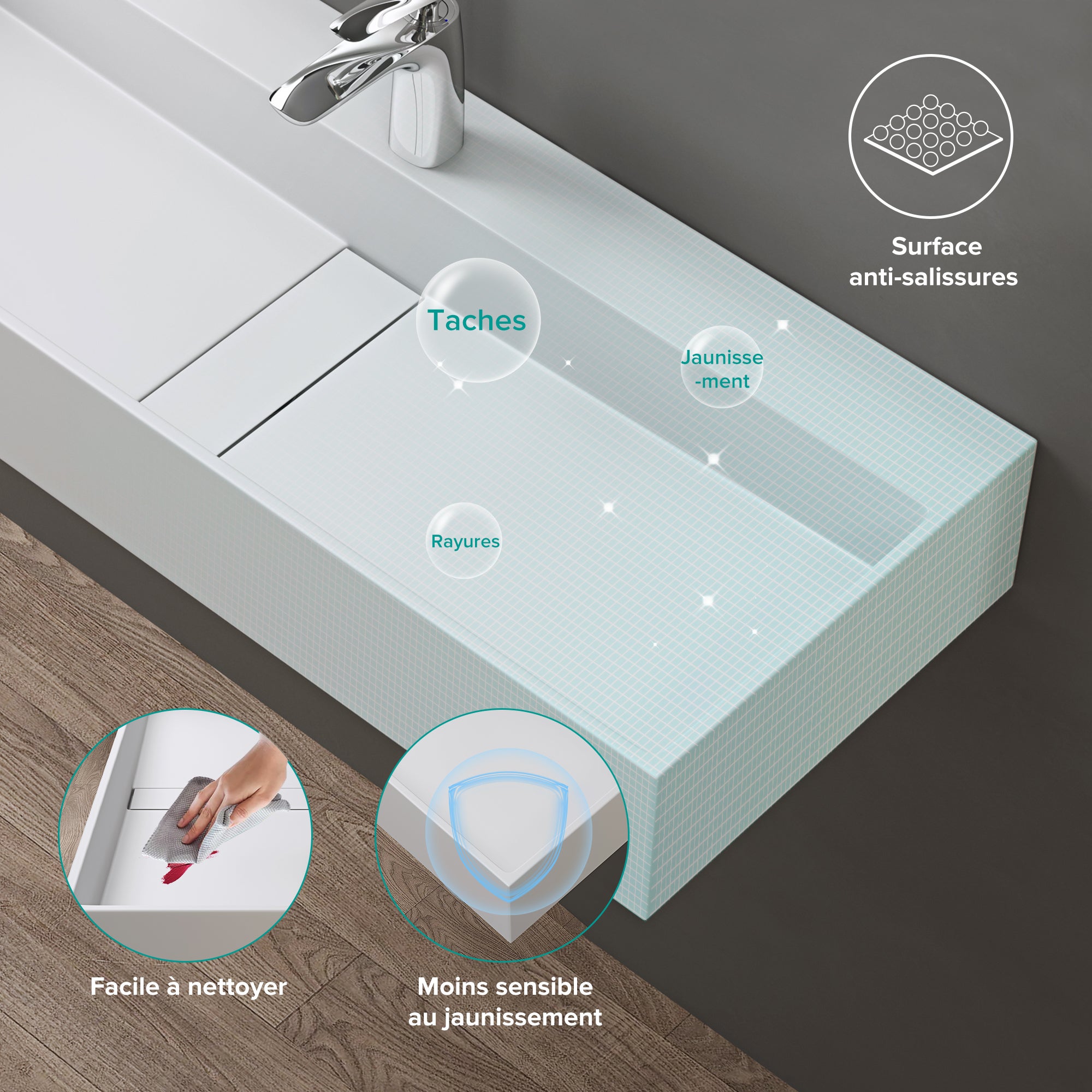 Lavabo Suspendu, Vasque à Poser, Lave-Mains Rectangulaire, 80cm, Blanc Mat, avec Cache Bonde, pour Salle de Bains, Colossum6028 doporro - 3