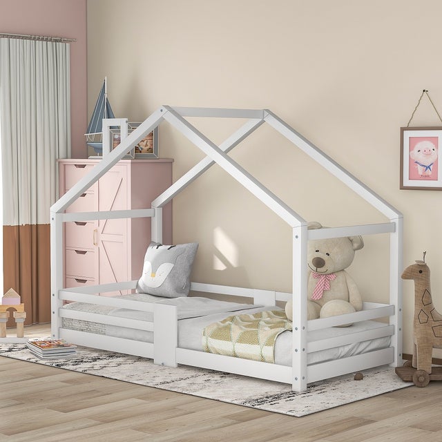 Lit cabane Lit d'enfant Lit de maison avec cheminée en pin Maison Lit for Kids, 90 x 200 cm sans matelas, blanc