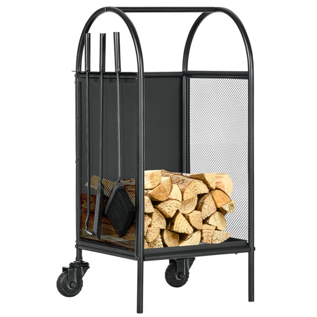Range-bûches porte bûches sur roulettes avec pelle balai tisonnier 37,5 x 37,5 x 80 cm noir