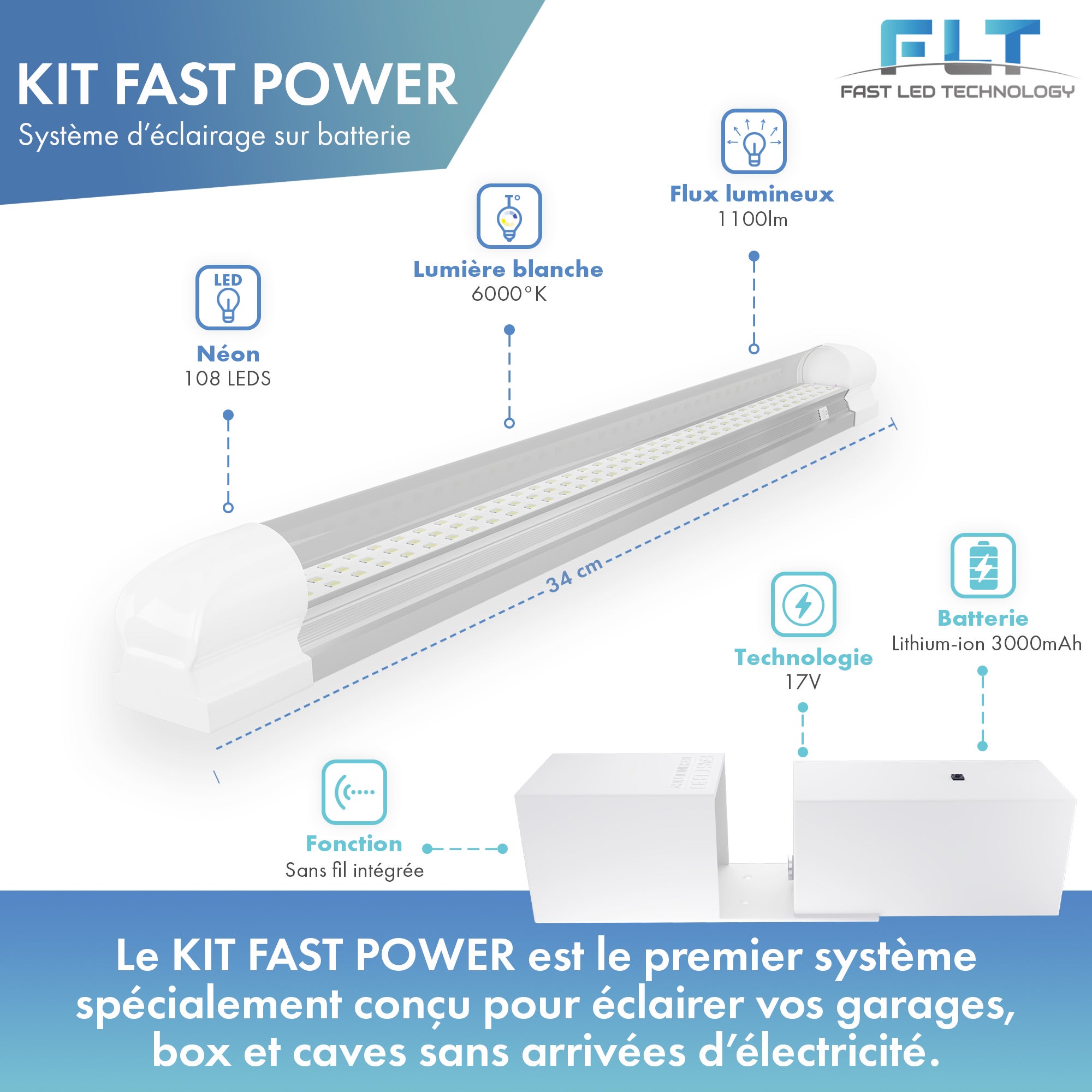 Kit éclairage sans fil garage box cave sous sol - 2 réglettes led - 1 Batterie - 1 interrupteur radio - Gamme CONFORT - 2200 lumens - 7