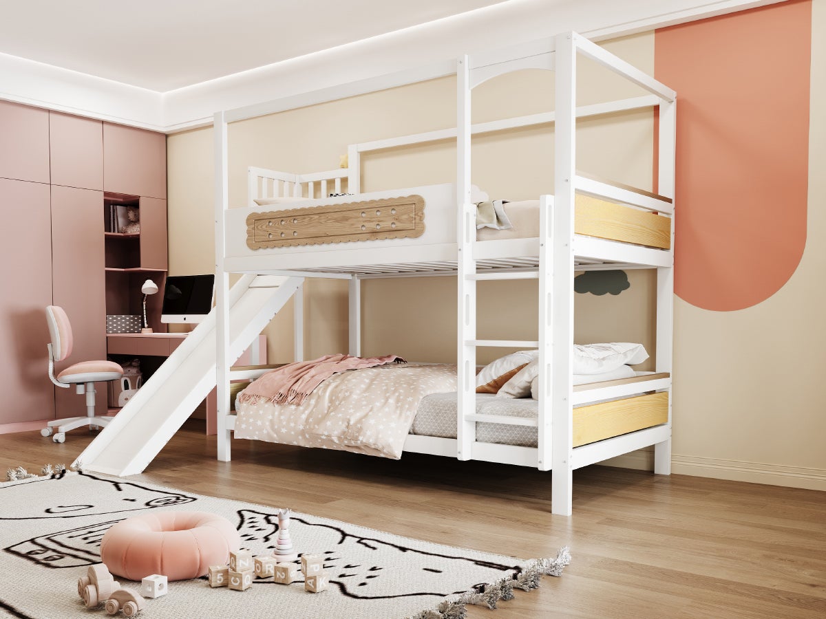 Łóżka piętrowe 2 x 90 x 200 cm z barierkami i zjeżdżalnią - Sosna + sklejka + MDF - Białe (Materace nie są wliczone w cenę) - 5