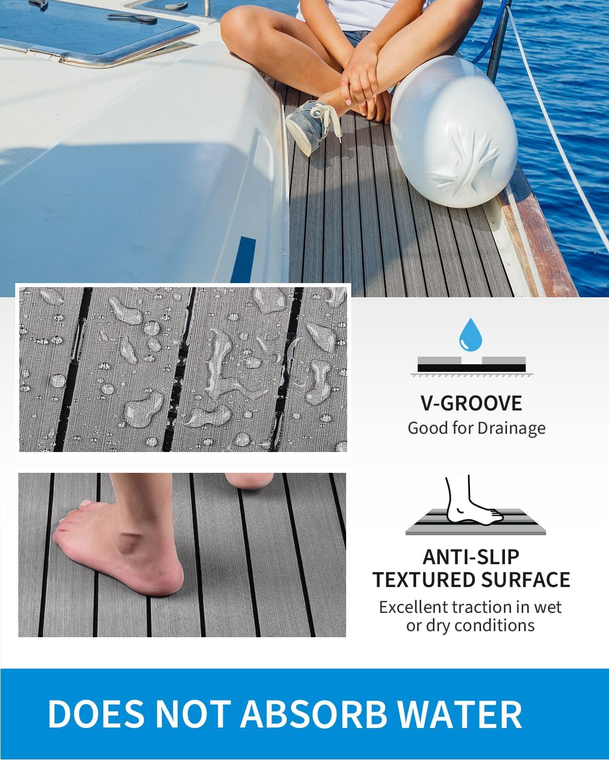 Tapete de convés para barco em EVA autoadesivo 240 x 120 cm, 6 mm, cinzento, efeito teca, antiderrapante e recortável - 6