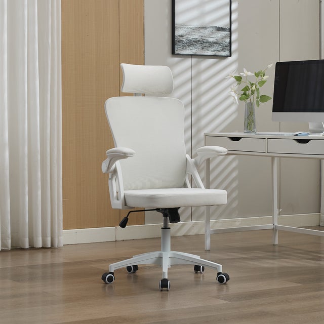 Silla oficina ergonómica blanca con respaldo de malla