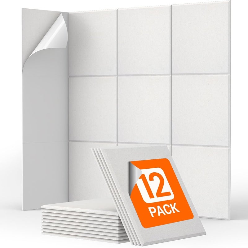Panele akustyczne ścienne, samoprzylepne panele akustyczne do biur, sypialni, salonów, białe, 12 sztuk, 30 x 30 x 0,9 cm