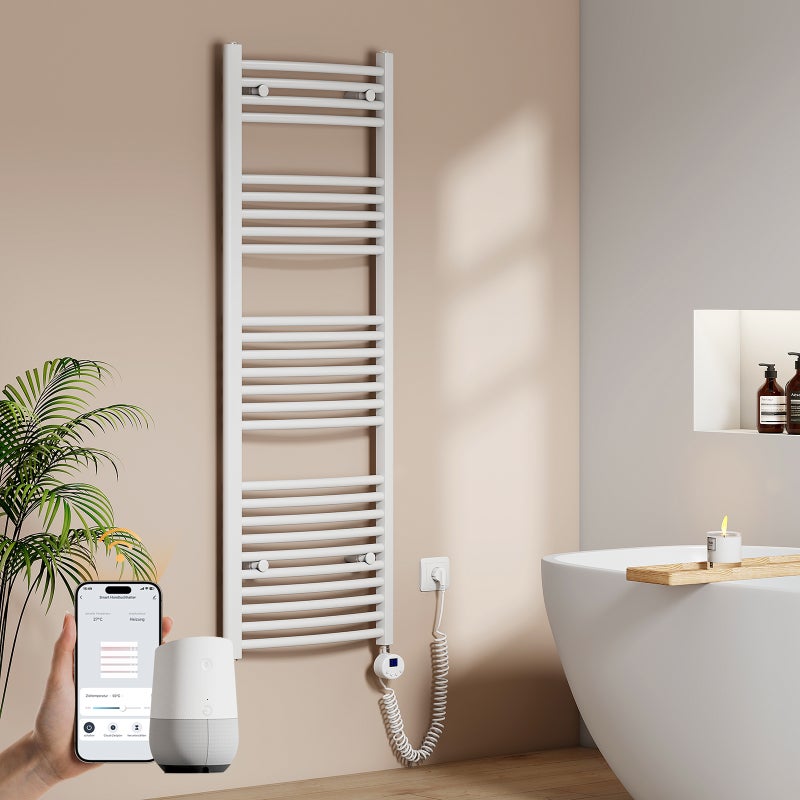 EMKE Grzejnik elektryczny łazienkowy Wygięta 140x50cm - Inteligentne Sterowanie z Programatorem Tygodniowym w Aplikacji - 572W - Biały