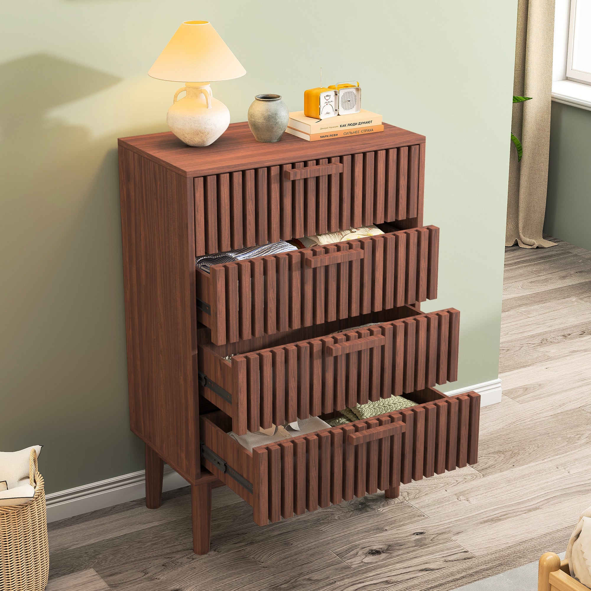 Commode 4 tiroirs poignées - Chiffonnier - patins antidérapants+Conception anti basculement métal - B60 cm - grand espace de rangement - coloris noyer - 2