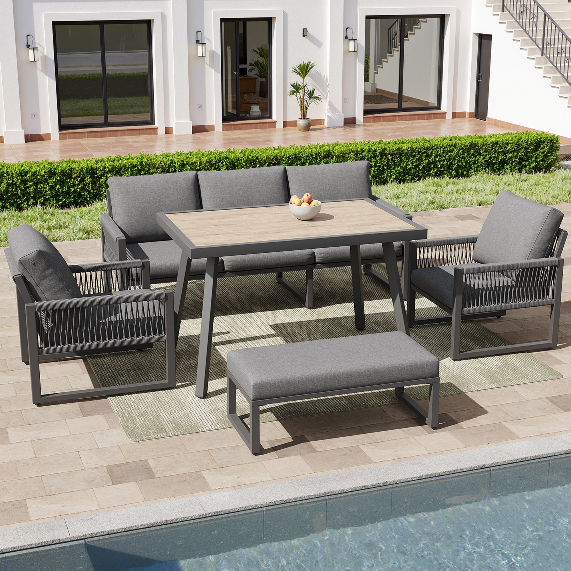 Salon de jardin en métal 6 places : 1 canapés 3 places + 2 fauteuils + 1 banc + table 100 x 60 x 71 cm - Gris - 4