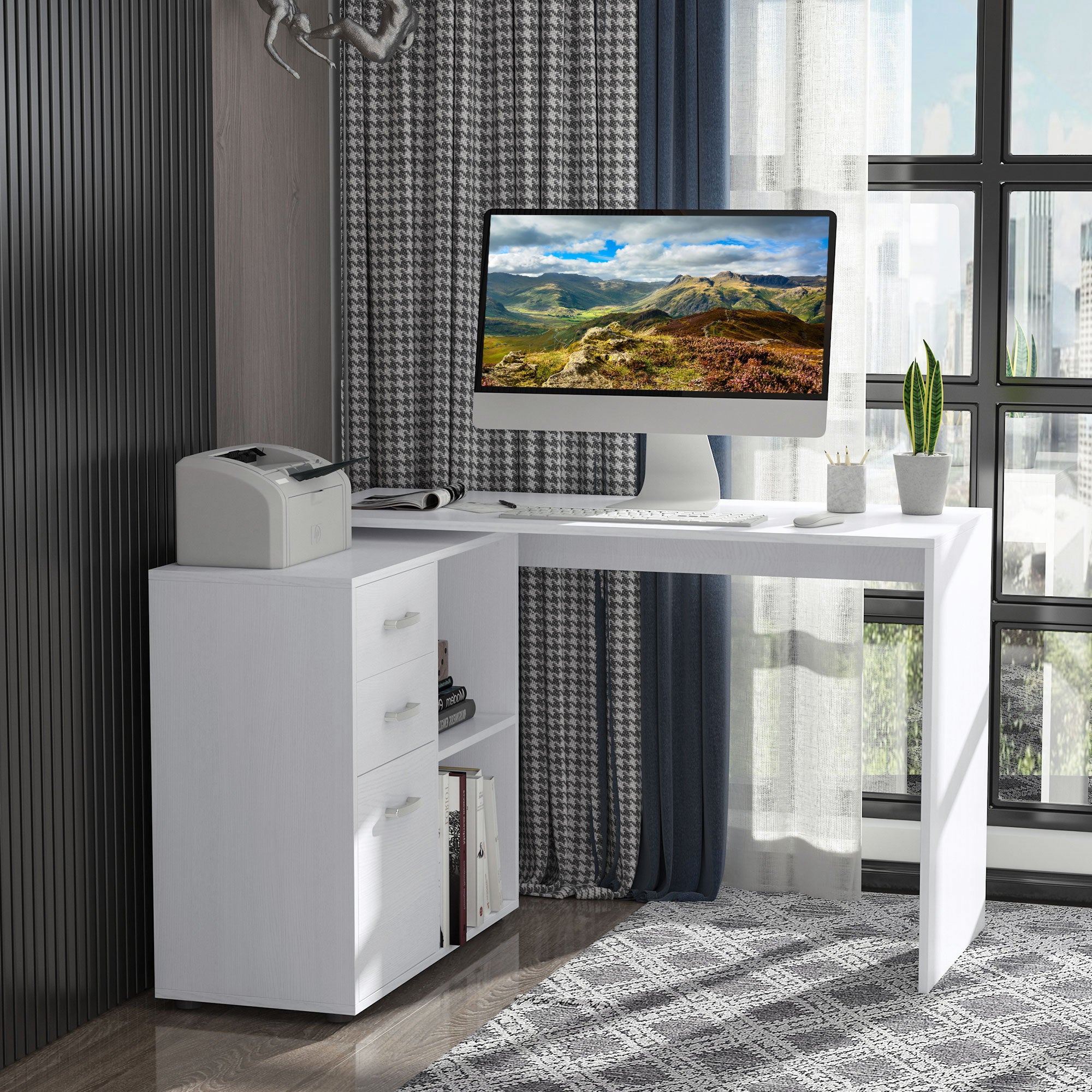 HOMCOM Scrivania Angolare Per Computer Da Ufficio Con Cassettiera 117×83.5×76cm Bianco - 7