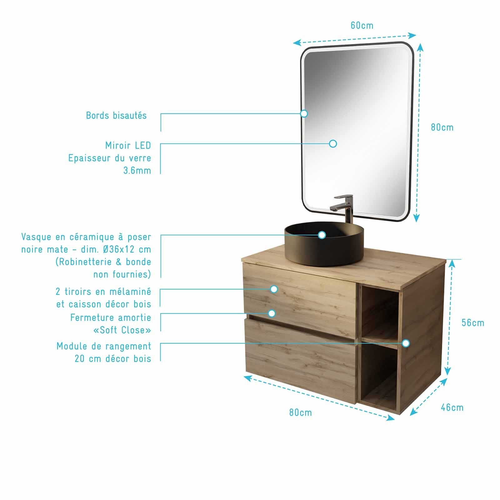 Meuble salle de bains 80 TIMBER Décor Chêne Tiroirs + Module - Vasque et Miroir 60x80 LED bord Noir - 4