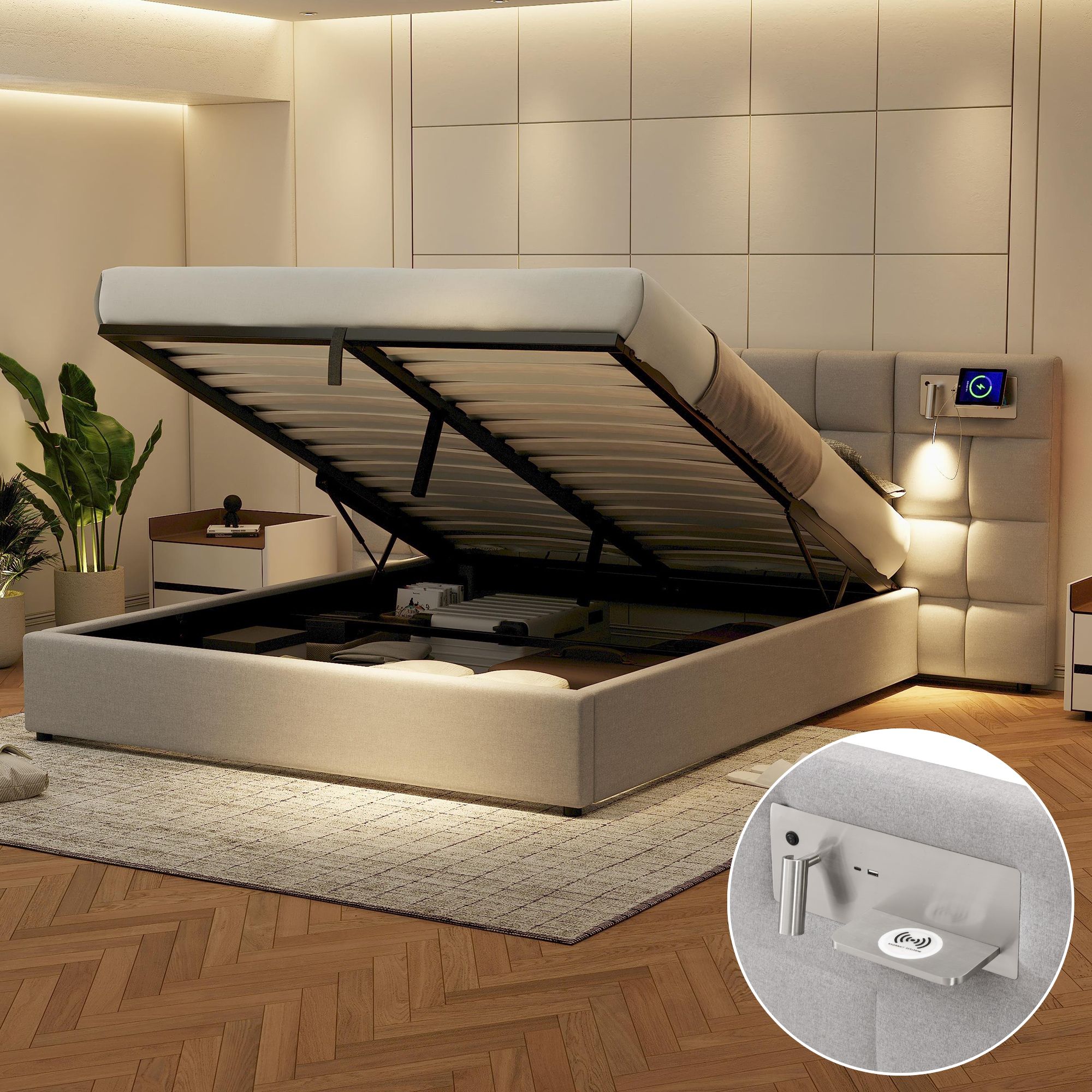 Letto Contenitore 140 X 200 Cm Con Testiera Contenitore - Illuminazione LED E Ricarica USB Tessuto Lino Grigio Letto Contenitore 140 X 200 Cm Con Testiera Contenitore - Illuminazione LED E Ricarica USB Tessuto Lino Grigio
