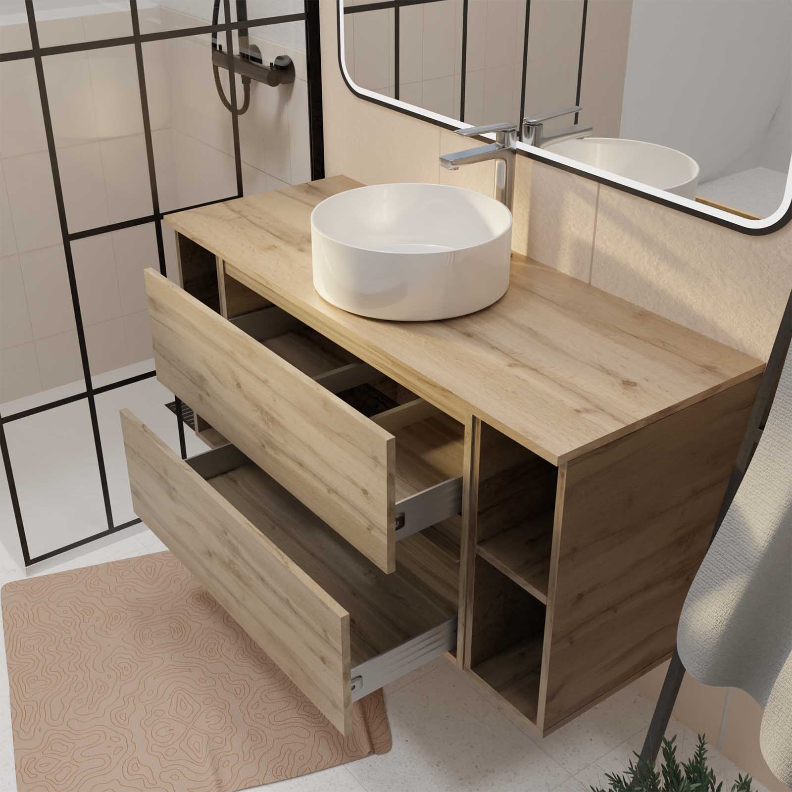 Meuble de salle de bains 120 cm TIMBER - Décor Chêne, 2 tiroirs, Vasque blanche à poser - 2