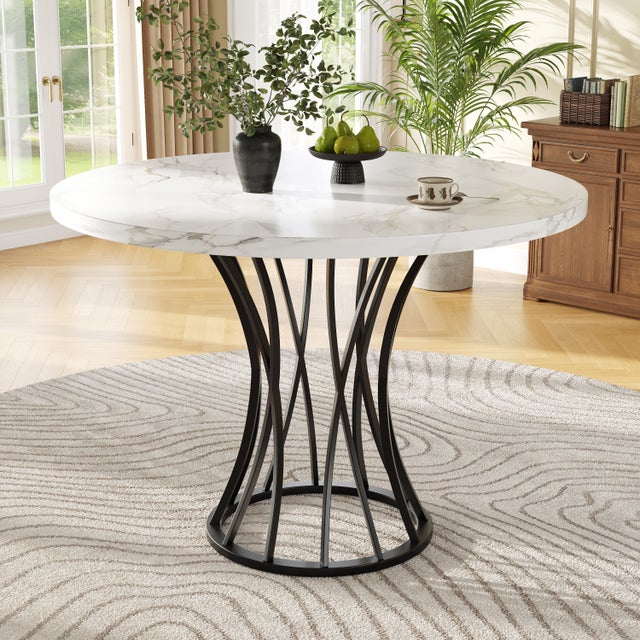 Okrągły stół jadalny dla 4-6 osób - D 80 x W 76 cm - Blat z płyty MDF marmurkowy i nogi metalowe - Biały + czarny