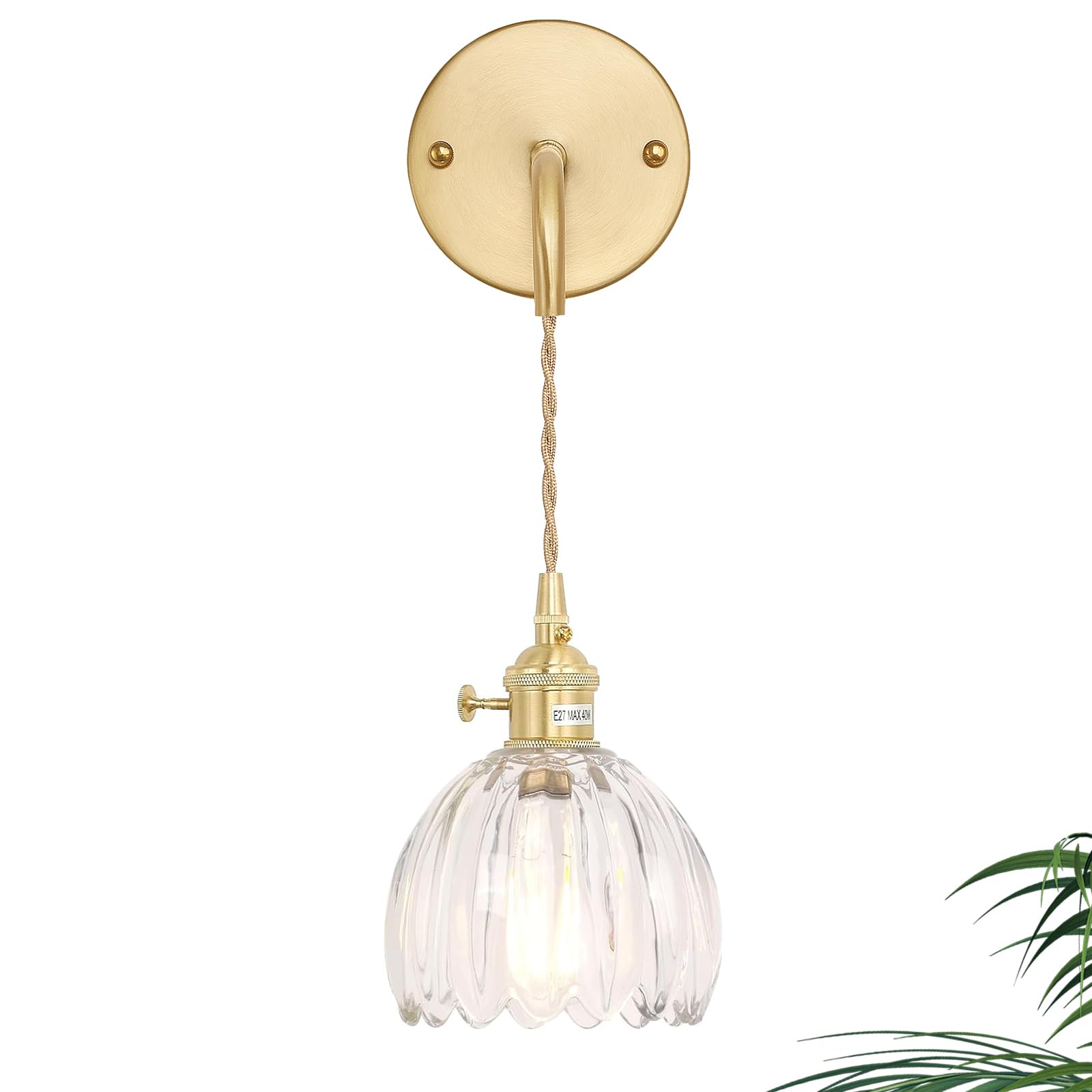 Vintage lampa ścienna przezroczysty szklany klosz mosiężne zawieszenie z regulowanym łańcuchem nowoczesna lampa ścienna Żarówka w zestawie