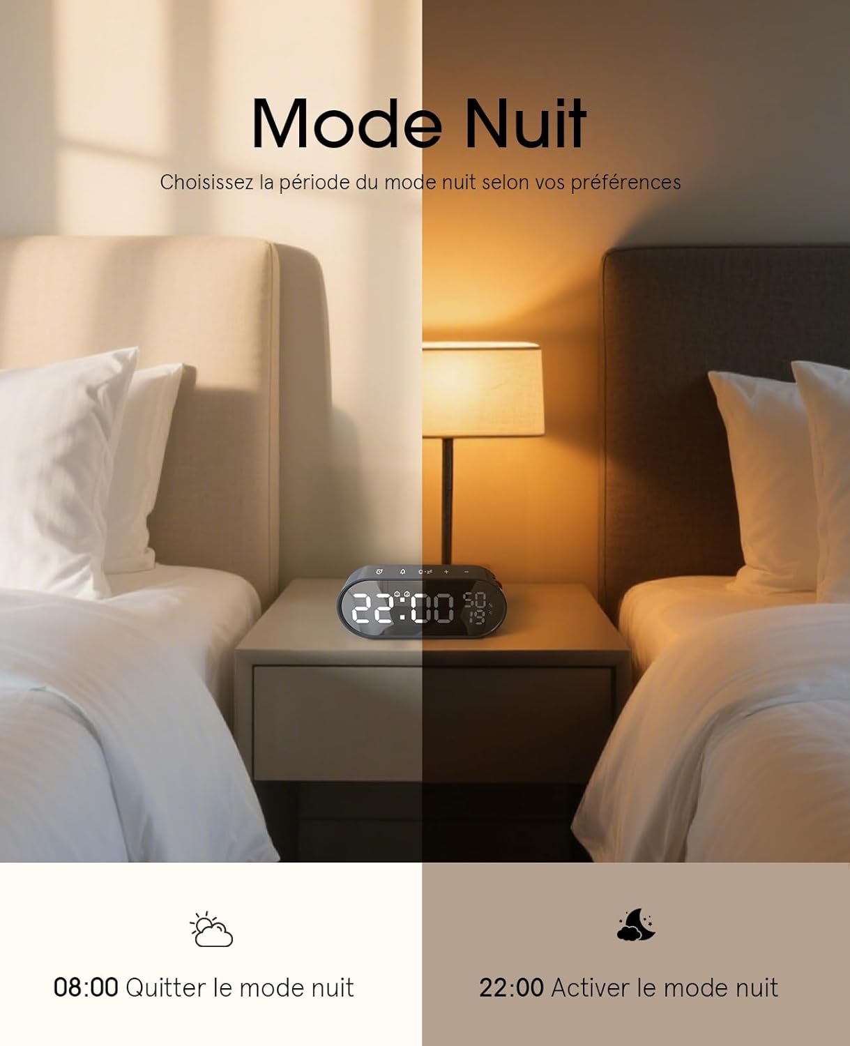 Réveil Numérique LED Tactile Grand Écran | Double Alarme, Snooze, Température/Humidité, Luminosité Réglable, Mode Nuit - Gris