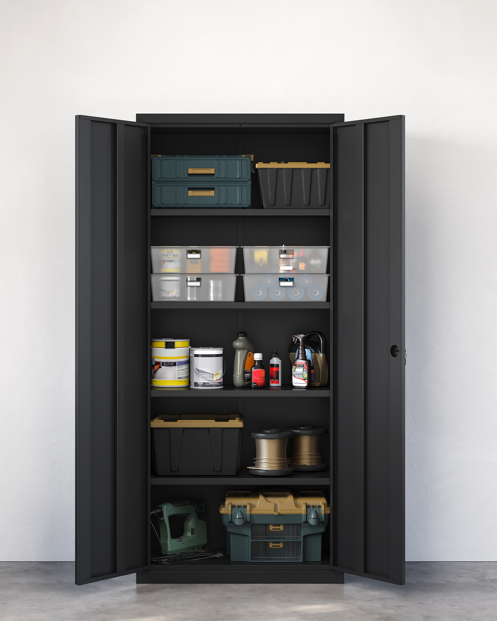 Meuble de Rangement Bureau, en Acier, Placard, 5 Niveaux, Doubles Portes, Serrure, Armoire à Outils, Étagères Réglables, pour Garage, Bureau, Noir Mat - 4