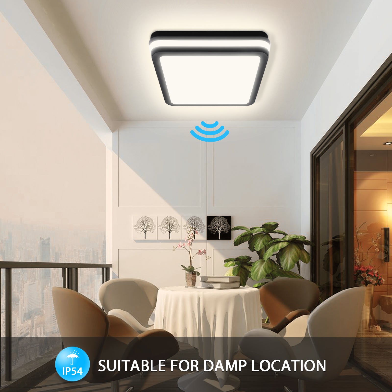 Plafon LED z czujnikiem ruchu 24W 4000K, kwadratowa lampa sufitowa LED 26×26 cm, IP54, do łazienki, przedpokoju i piwnicy, LOVHAUS - 7