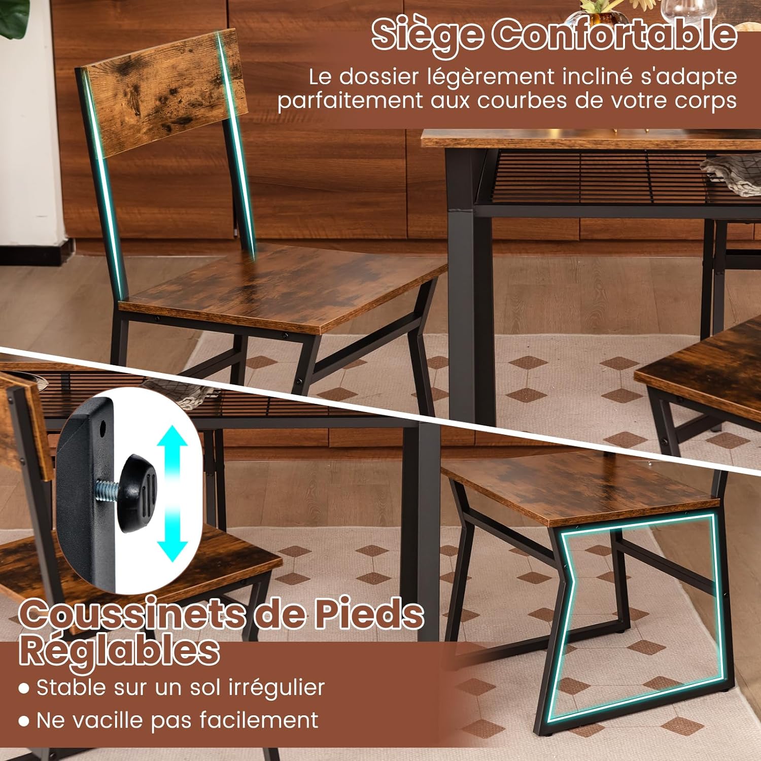 Set da Tavolo e Sedie da Pranzo, Tavolo da Pranzo con 4 Sedie Industriale, Set 5 Pezzi Mobili con Mensola Portaoggetti e Telaio in Metallo, pe - 6