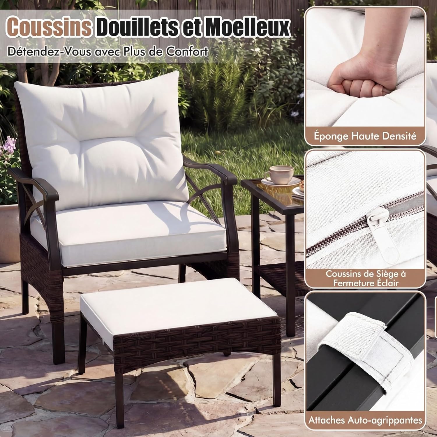 GIANTEX Conjunto Móveis Pátio 5 Peças em Rattan, 2 Cadeiras 2 Pufs e 1 Mesa Baixa Tampa Vidro Temperado Almofadas, para Pátio Quintal, Bege - 6