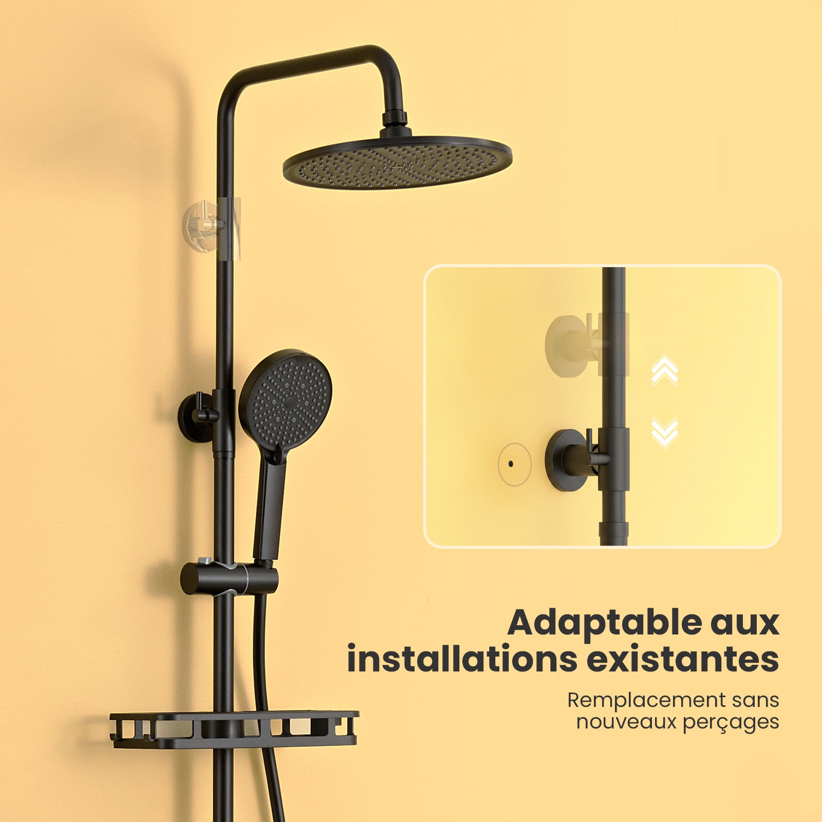 Colonne Douche Sans Robinet en Inox Noir- Ensemble Mural Réglable Avec Pommeau Effet Pluie Rond(25*25 CM),Douchette 4 Fonctions/Étagère - 7