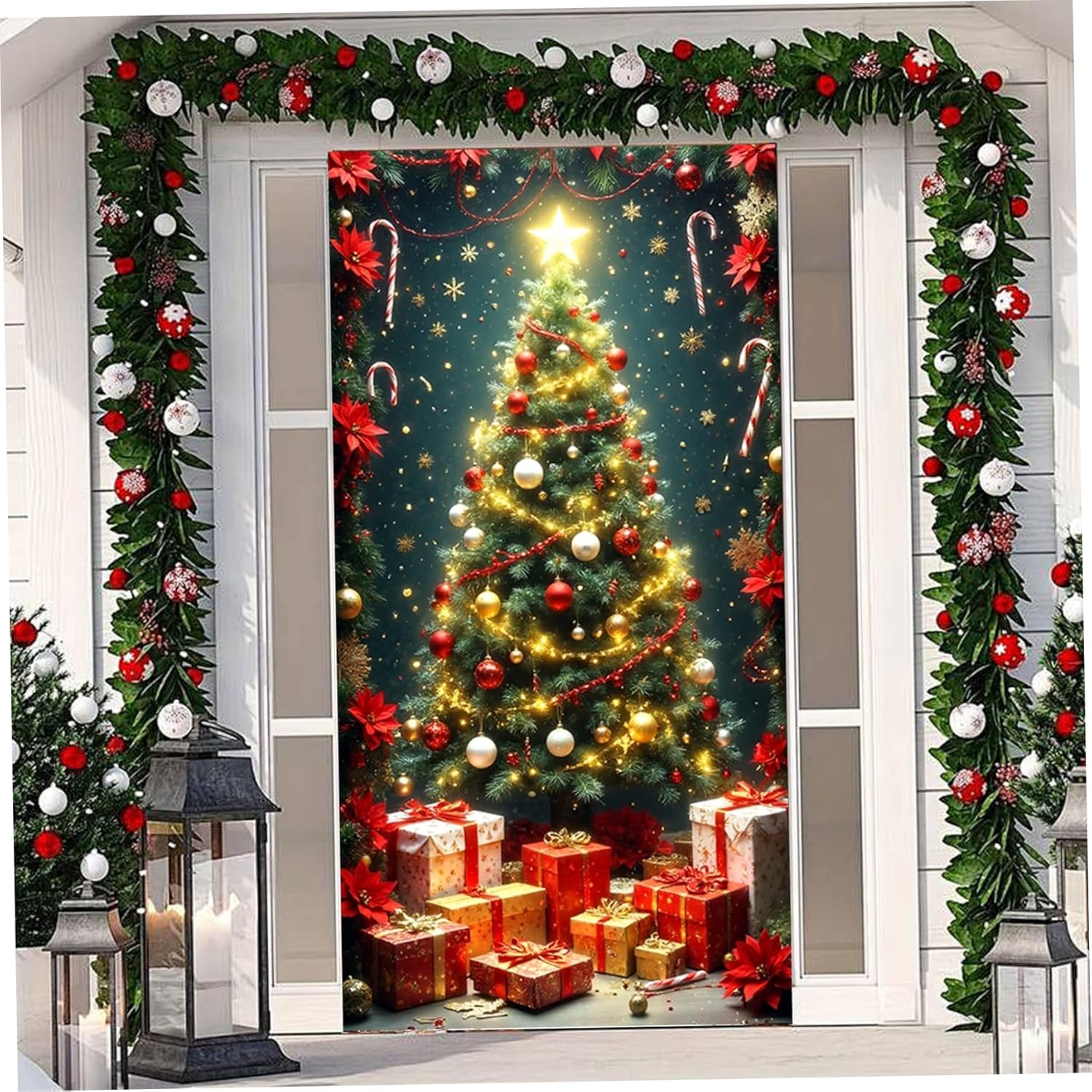 Cubierta navideña para puerta de 90 x 180 cm, decoración navideña para puerta con ojales, elástica y lavable para fiestas en casa. - 7