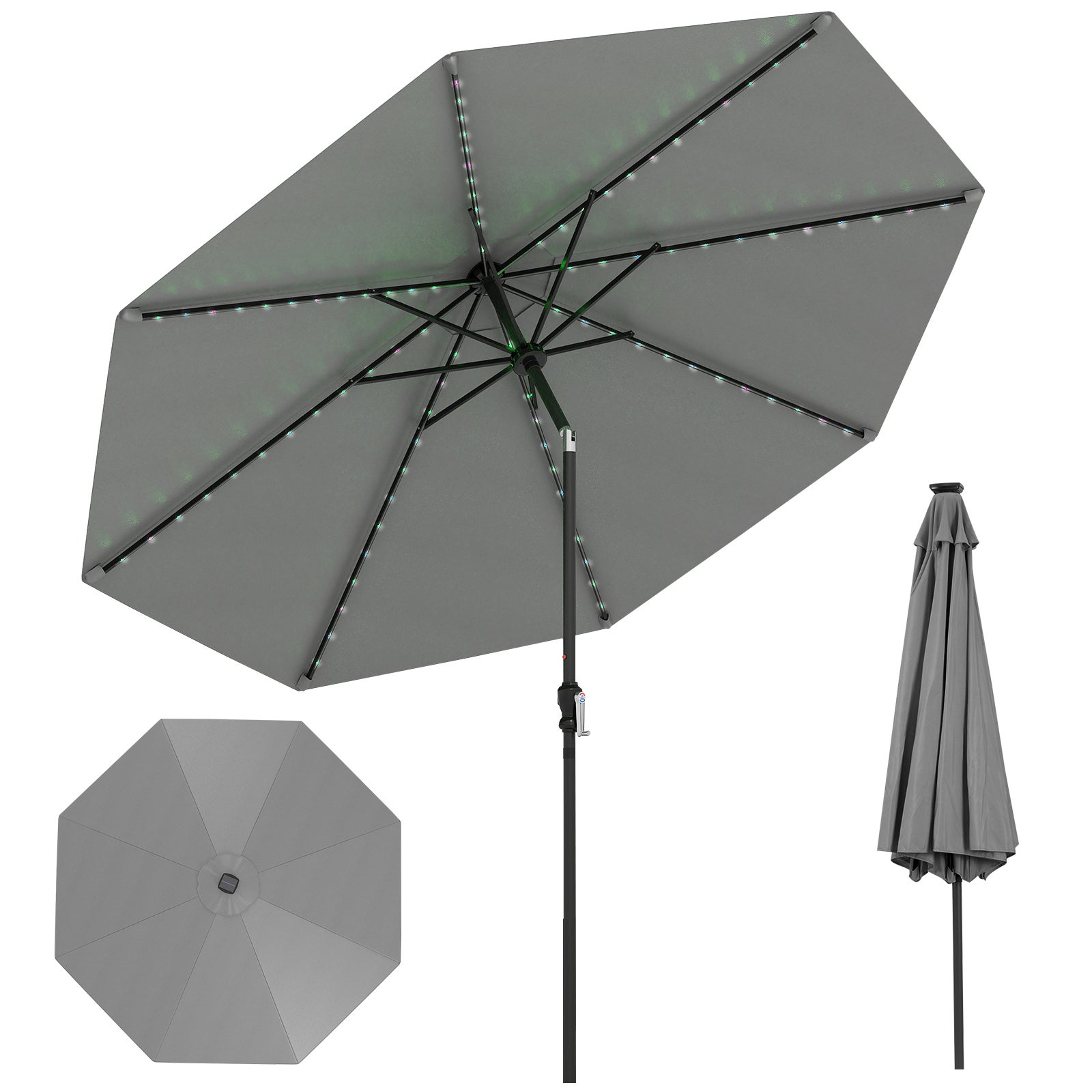 Sunnyglade Ombrellone Da Giardino Con 24 Luci LED Solari - 8 Costole, Regolabile In Inclinazione, Con Manovella, Nero/Bianco