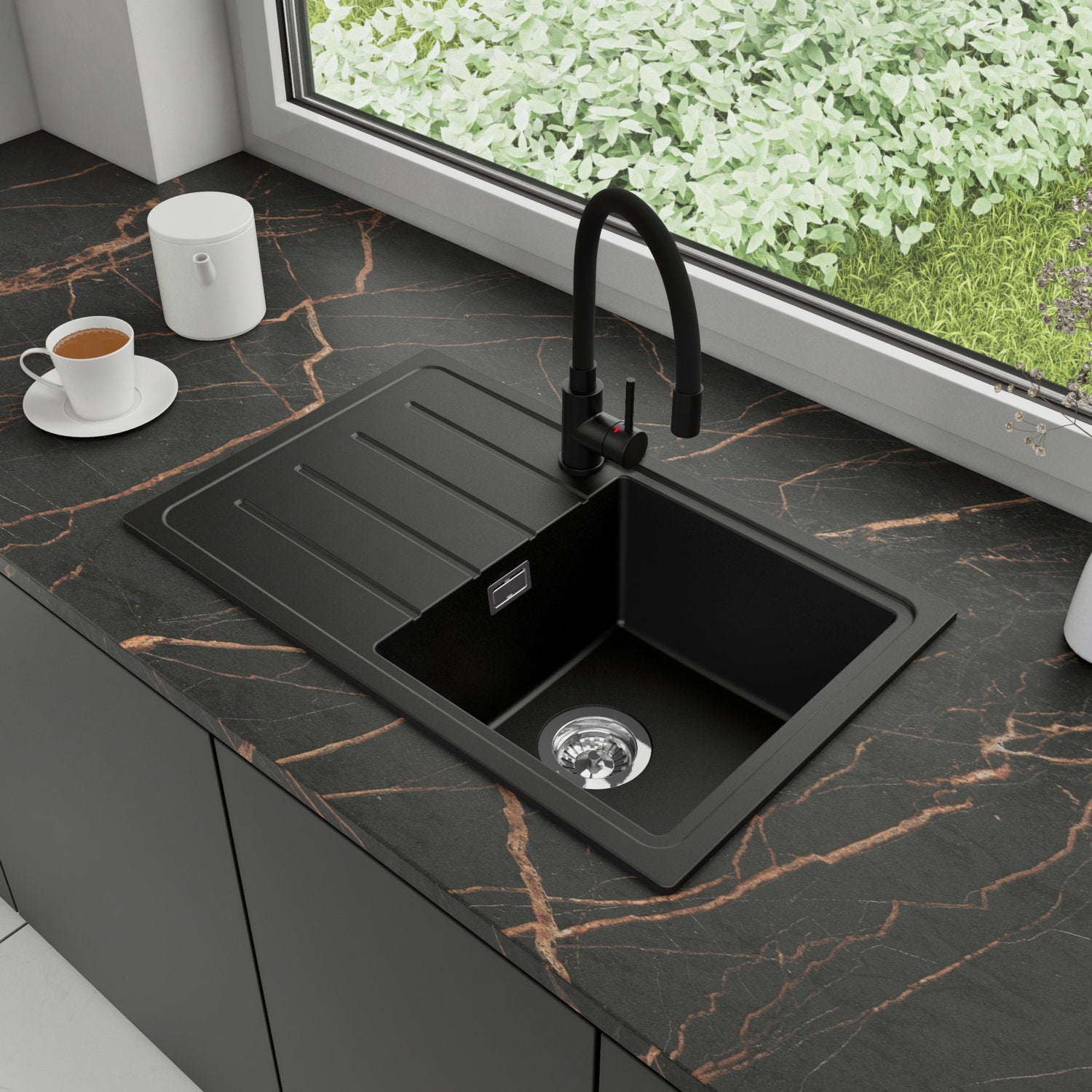 Zlewozmywak Granitowy 70x44cm, do szafki od 45cm + Bateria + Syfon - Ametyst Czarny STONESTYLE