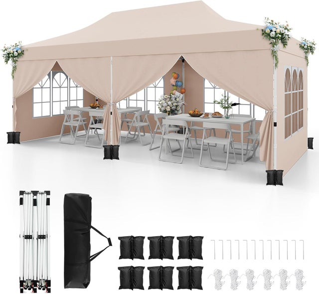 Tonnelle Pliable 3x6M avec 6 Parois Latérales, Barnum Tente de Réception Pliante Anti-UV 50+, Imperméable, 6 Sacs de Sable,Sac de Transport, Beige