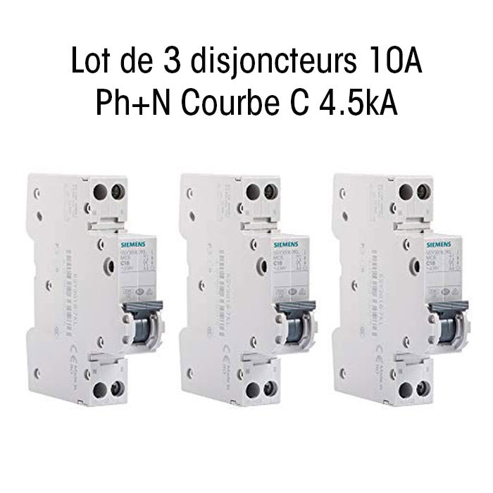 LOT 3 disjoncteurs Siemens, 10A, courbe C, 4,5 kA, AC/DC, norme NF EN 60898, garantie 2 ans - 3