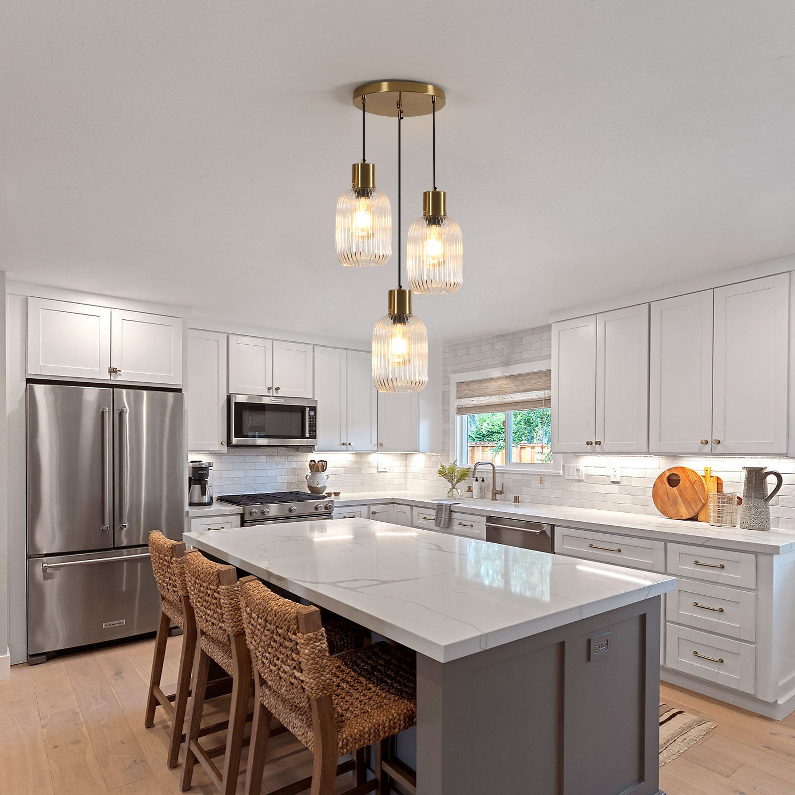 COMELY Suspension en Verre, Lustre Globe à 3 lumières en Laiton doré, luminaire Suspendu Moderne lumières pour Chambre, Salon,Verre transparent - 7