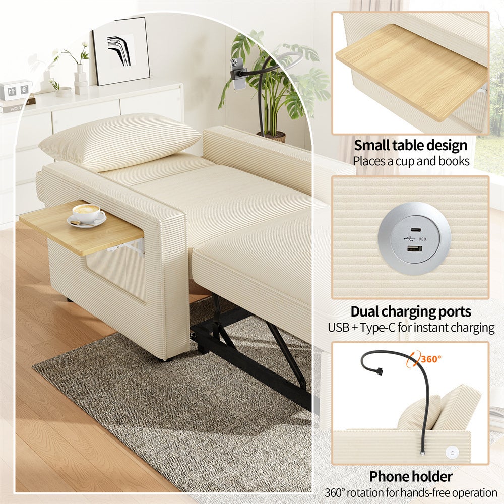 DRIPEX Canapé-lit pliable avec port USB,Fauteuil relax 1 place convertible avec tables pliables,tissu en velours côtelé,Beige - 5