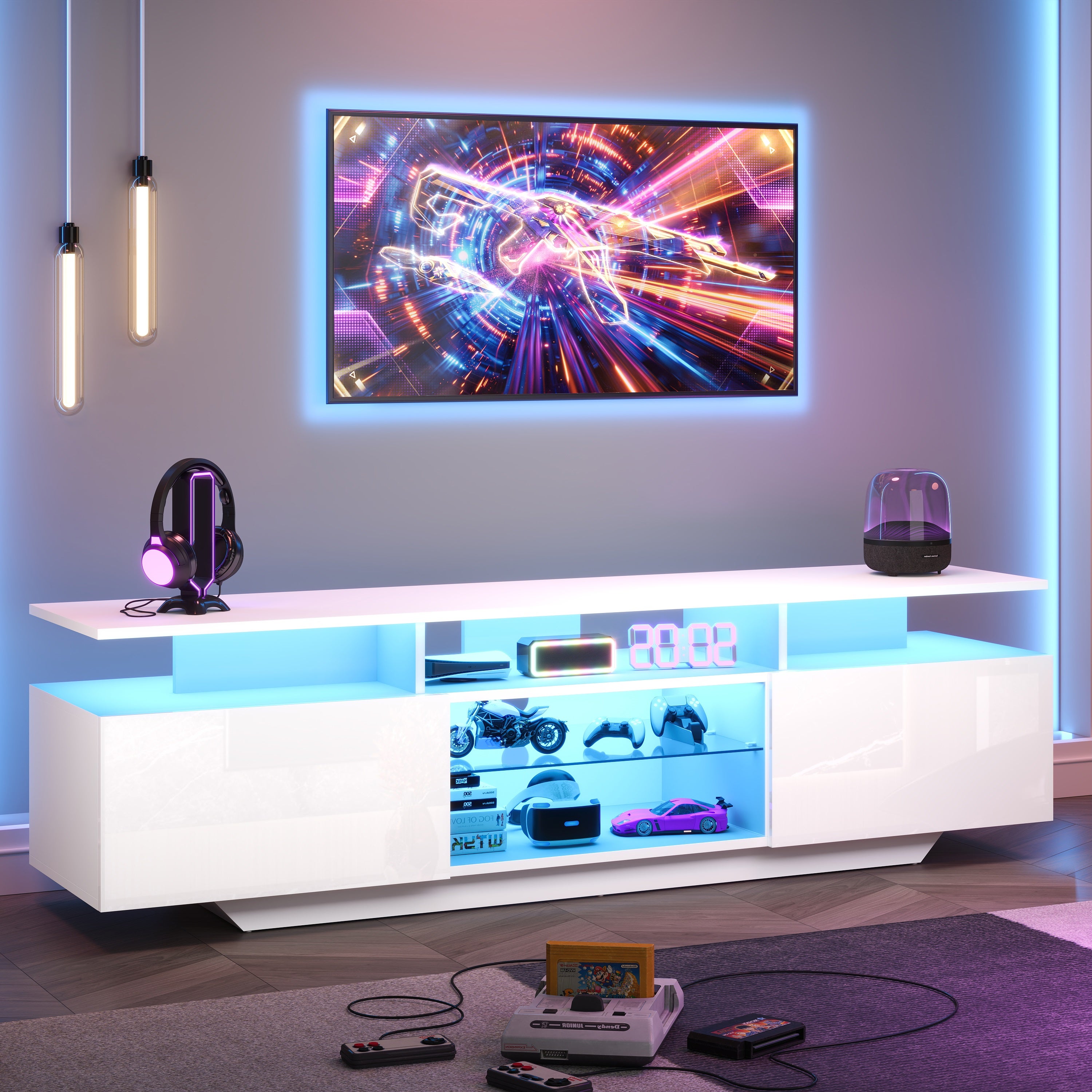 Szafka RTV z 2 drzwiami i przegródkami na telewizor 70 cali - 160 x 40 x 45 cm - diody LED - płyta MDF - połyskująca biel