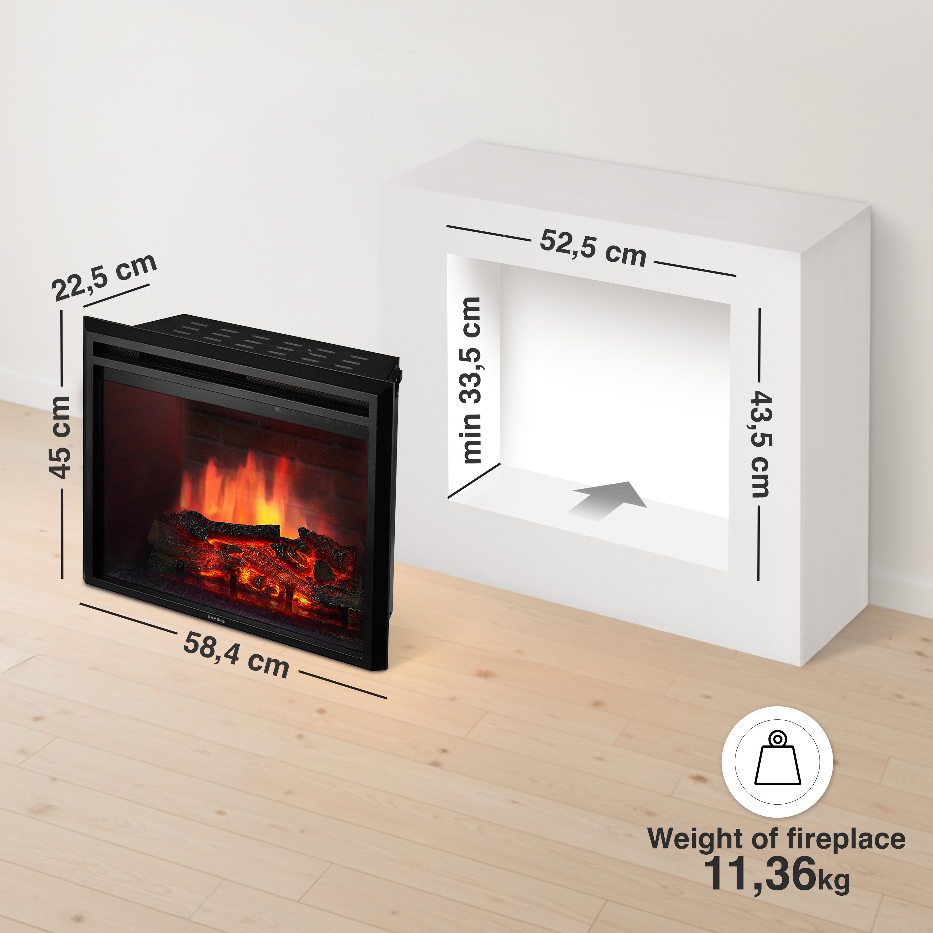 KAMINIO Cheminée électrique LUCA - Cheminée encastrable avec chauffage, effet de flamme 3D, 12 couleurs de flammes, télécommande - 23 pouces - 6