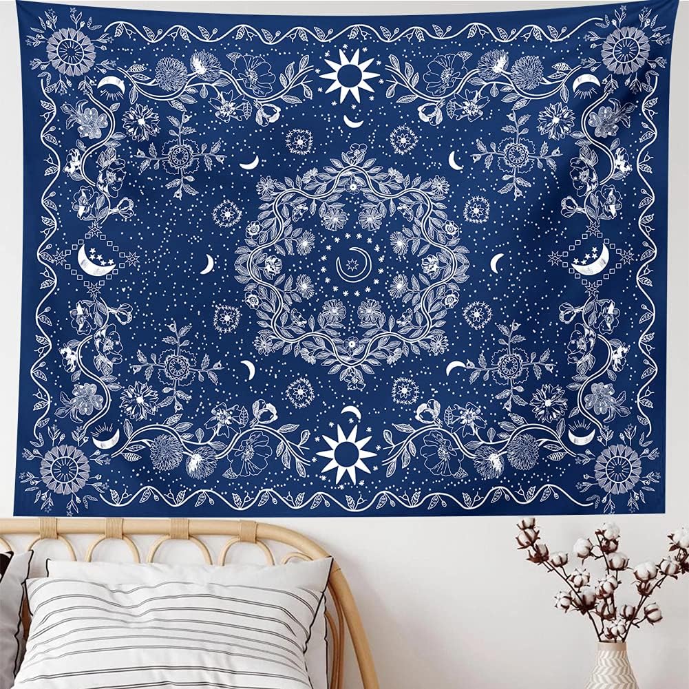 Gobelin ścienny w stylu boho – gobelin kwiatowy z niebiańskim słońcem (ciemnoniebieski, duży (60 x 80))