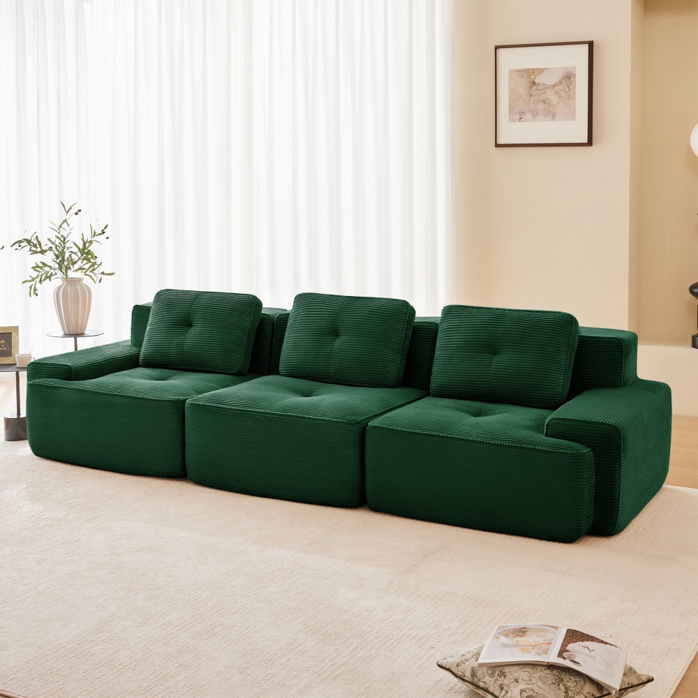 Sofa narożna modułowa, sztruksowa, duża, głębokie siedzisko, 3-osobowa, zielona