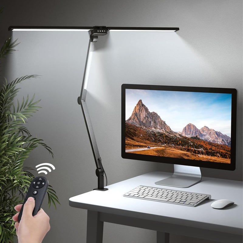 EYOCEAN Lampe Bureau LED Architecte – Double Source Lumineuse, Bras Articulé, Gradation + Température Réglable, Noir Aluminium