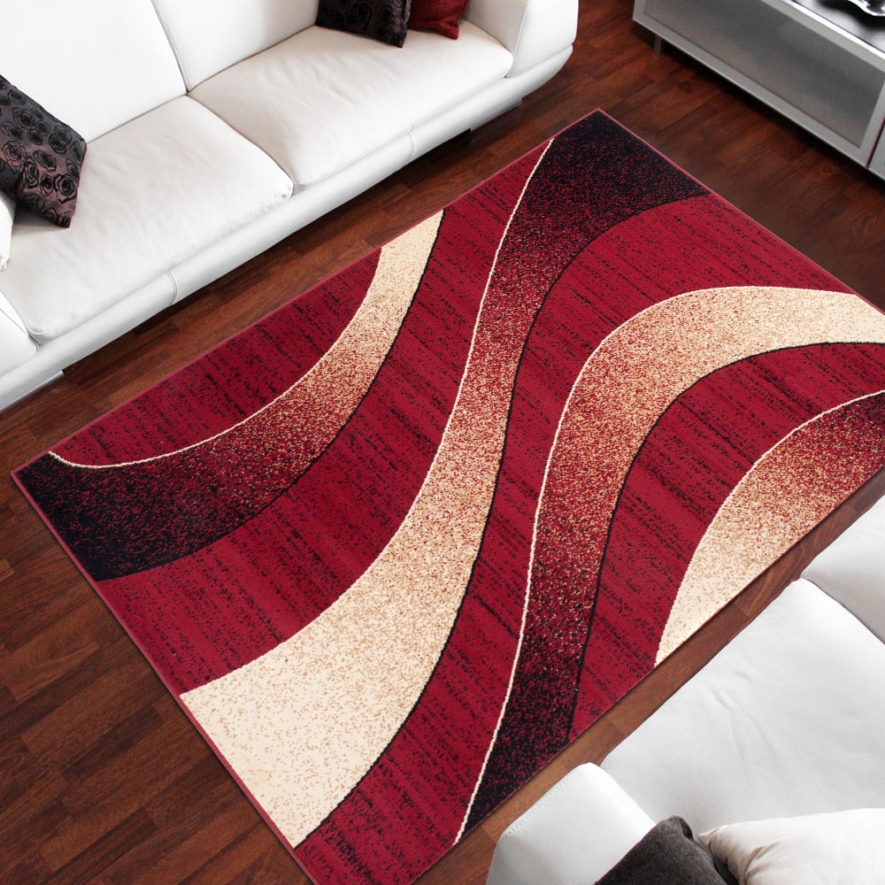 TAPISO Dream Tapis Salon Chambre Fin Rouge Beige Bordeaux Ondes Vagues Poil Court Doux 140 x 200 cm - 3